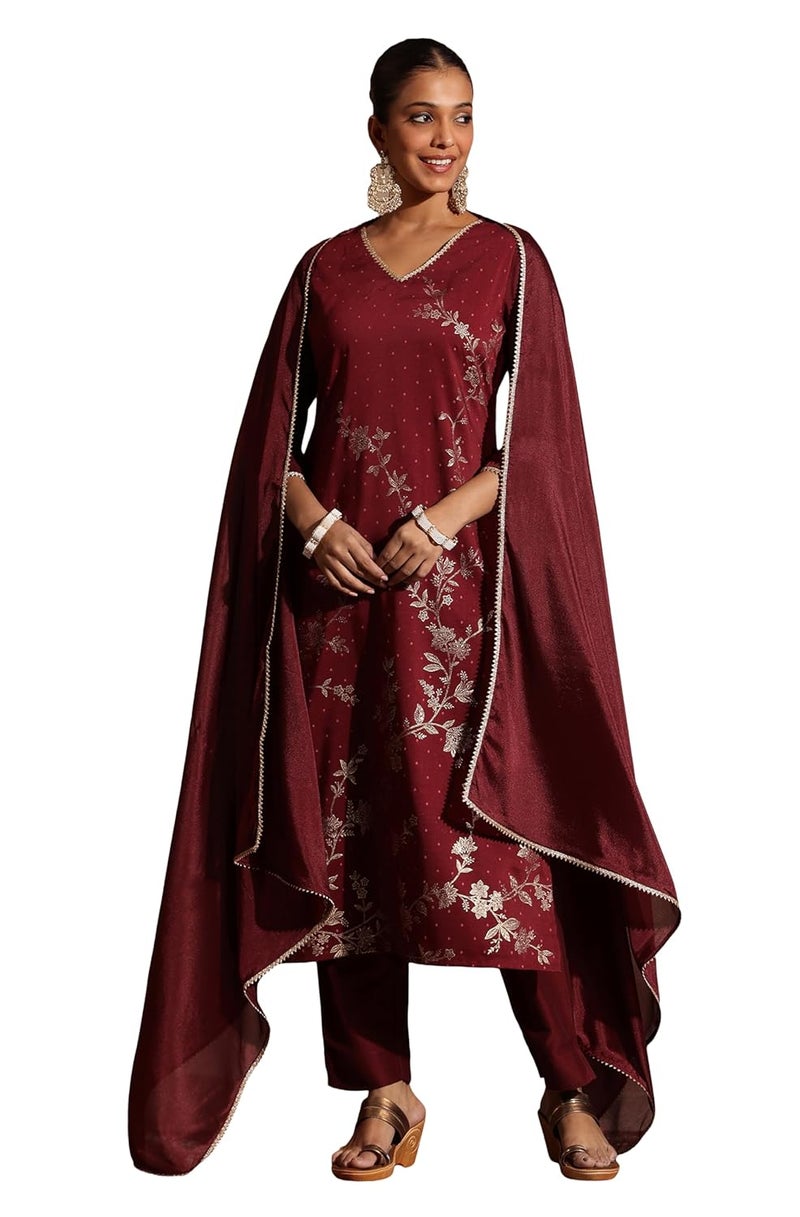Janasya Women Kurta Pant With Dupatta Set in Maroon - Image 1